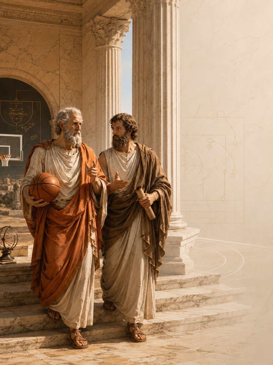Two philosophers in togas debating, one holding a basketball, among marble columns etched with faint court diagrams.